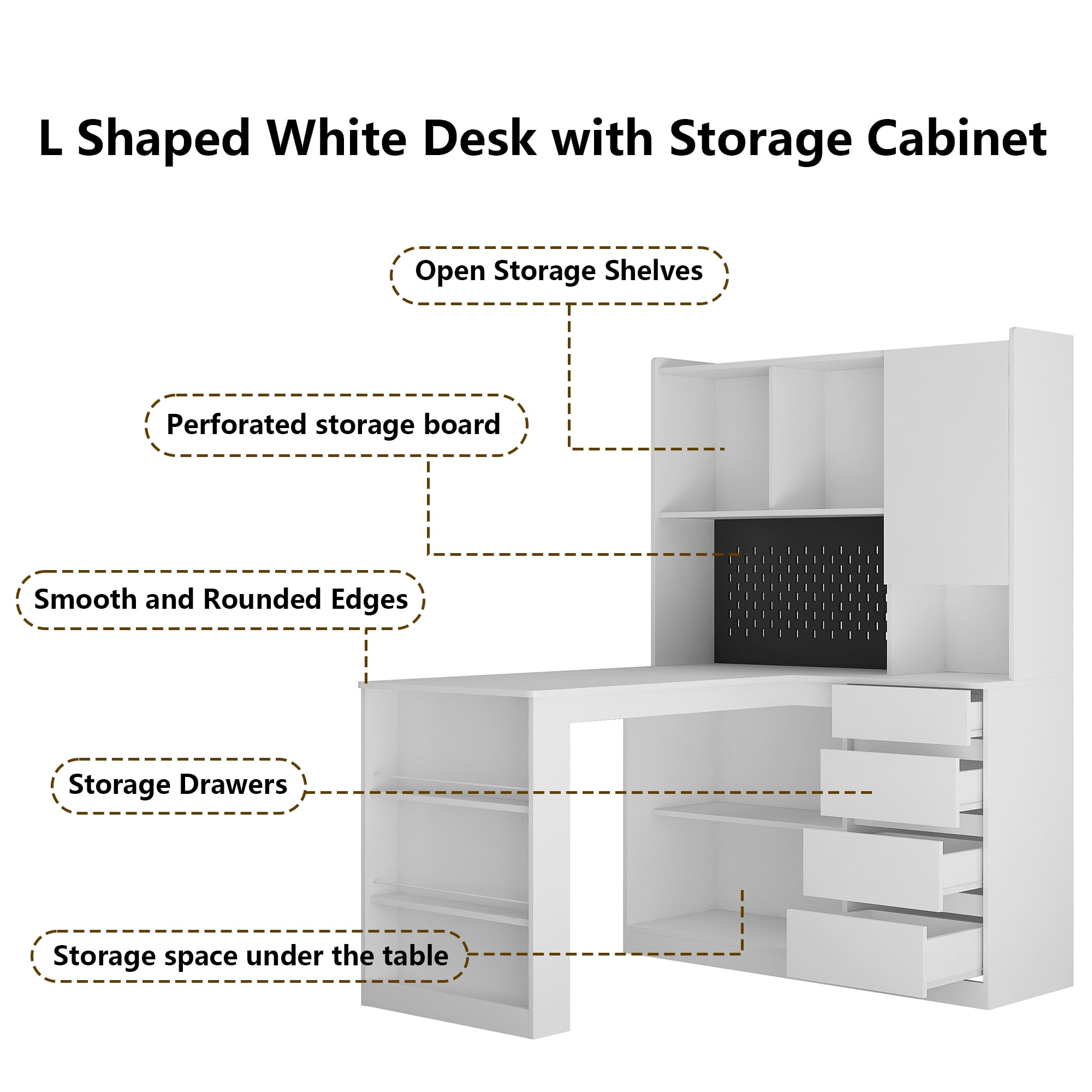 MDQMD L Shaped Computer Desk with 4 Drawers,White Home Office Desk with Power Outlet and Bookshelves,Corner Gaming Desk with Hutch