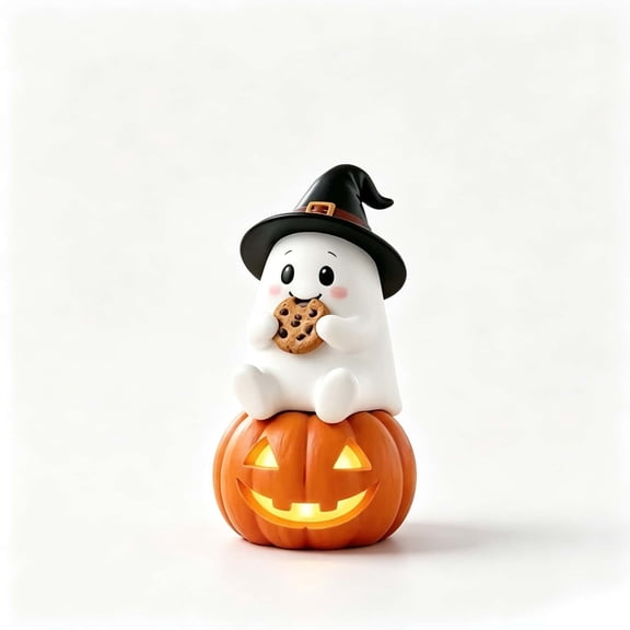 Halloween Ghost Decor,Cute Ghost Figurine With Witch Hat and Pumpkin Light,Cute Halloween Statue for Mantel,Shelf,Coffee Table Home Decoration