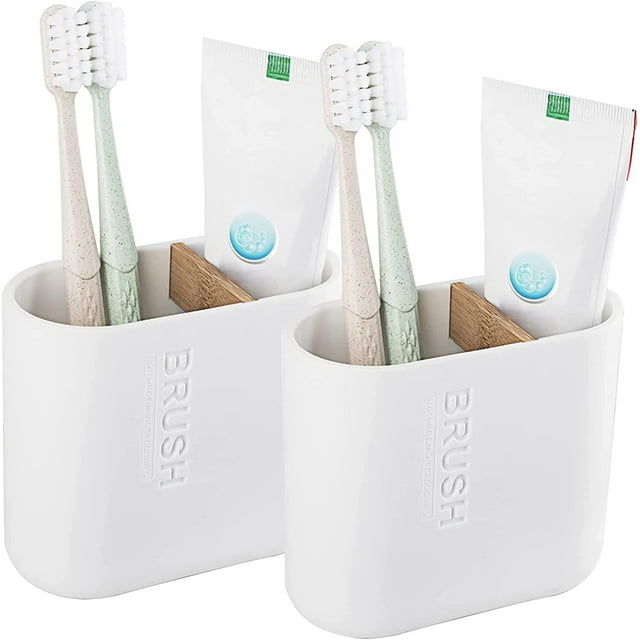 YSTINNG Toothbrush Holders Bamboo Electric Toothbrush Holder Bathroom Storage Organizer Countertop for Toothpaste, Floss, Razor, 2 Pack White DYF329-1692