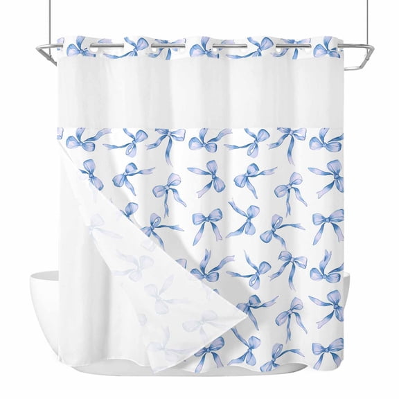 No Hook Shower Curtains with Snap-in Liner Set, Purple Blue Bow Ribbon Waterproof Hotel Style Bathroom Shower Curtain, Vintage Modern Art Bowknot Breathable Mesh Top Window Bath Curtains 66''x72''
