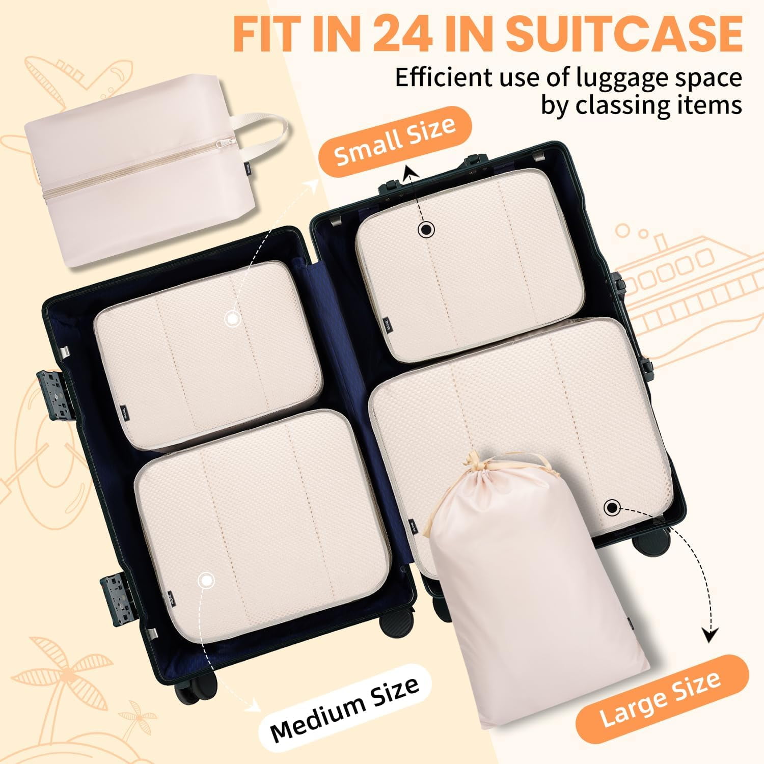 Mygreen 8 Set Packing Cubes Luggage Packing Organizers for Travel Accessories-Cream