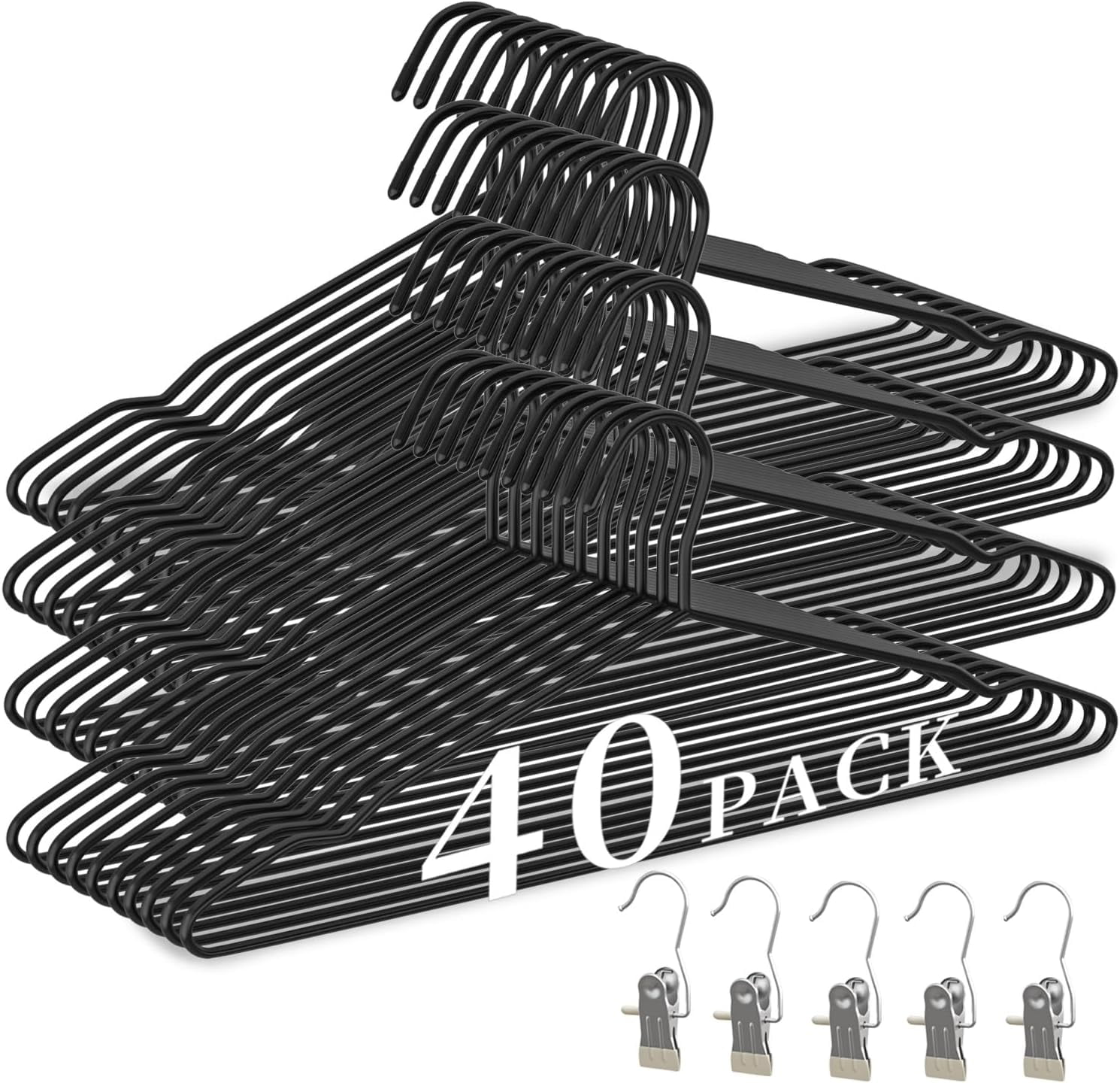 Heavy Duty Thickened and Reinforced Metal Hangers+5 Clothes Pins, Non-Slip Black Metal Hangers, Weight Capacity 50 lbs, Heavy Duty Hanger for Coats, Suits, Shirts, Dresses