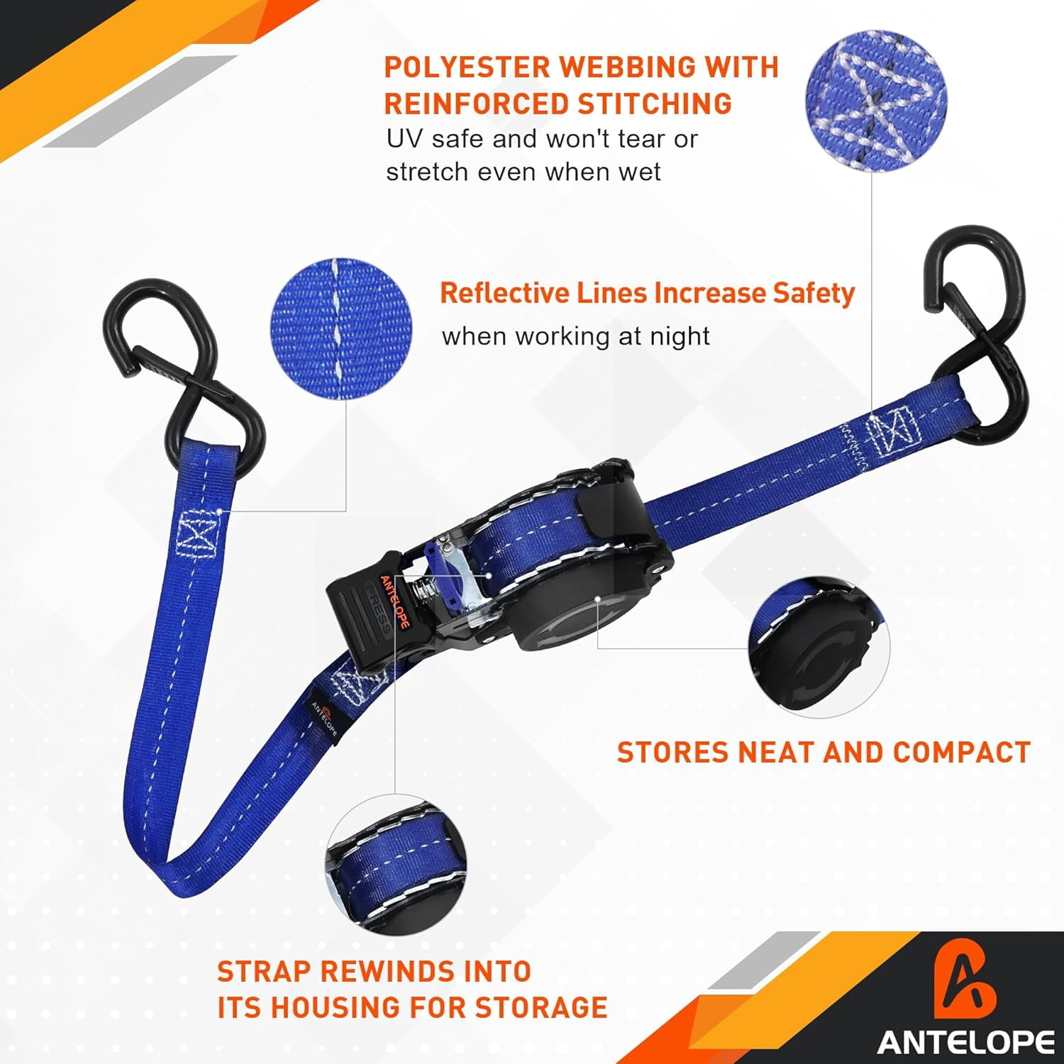 A ANTELOPE 4-Pack Heavy Duty Auto Retractable Ratchet Tie-Down Straps, 1" x 12' 1500LBS Breaking Strength, Weather Resistant S-Hooks for Cargo Securing, Blue
