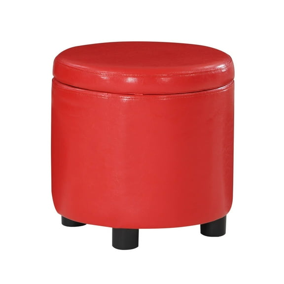 Designs4Comfort Round Accent Storage Ottoman Red: Faux Leather, Reversible Tray Lid, Wood Frame