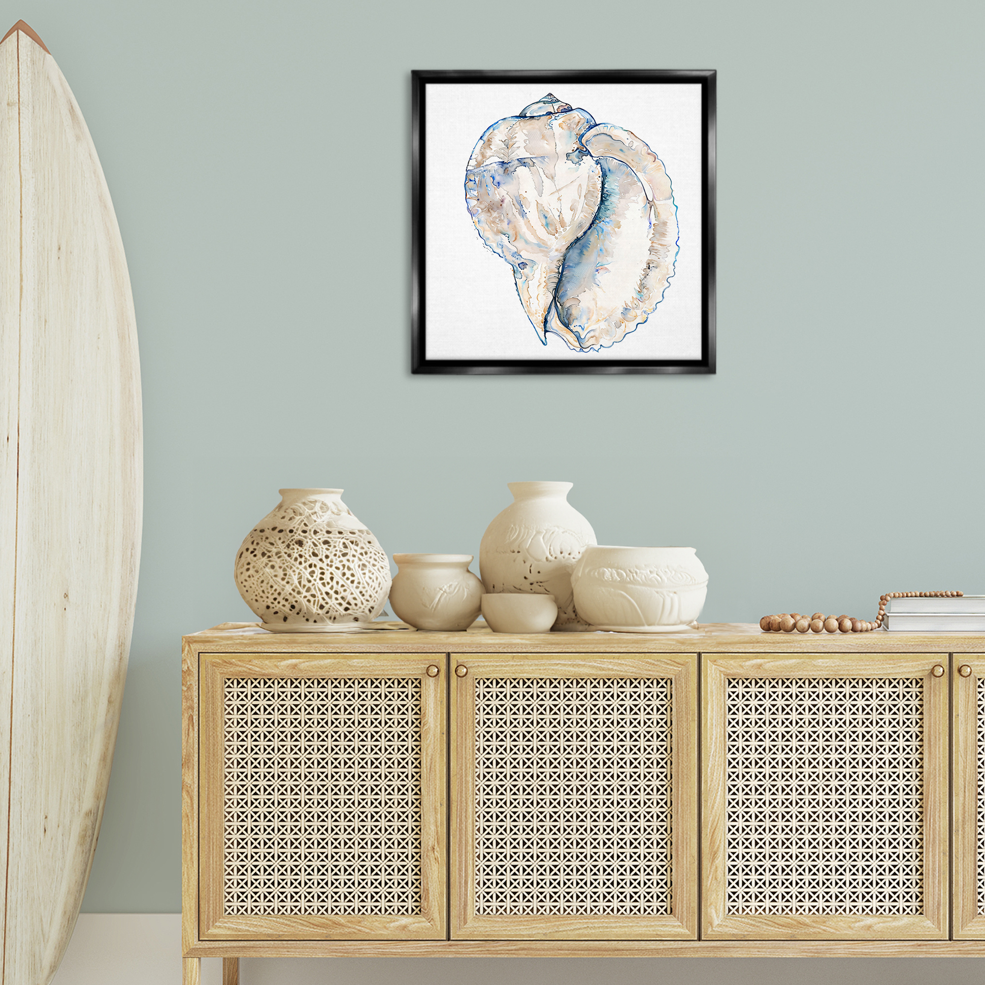Stupell Industries Conch Shell on White Coastal Painting Black Floater Framed Canvas Art Print Wall Art, 25 x 25