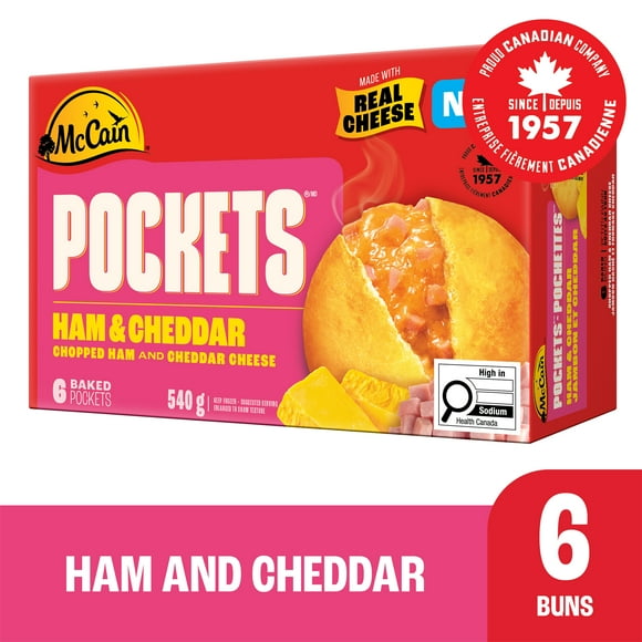 McCain® Pockets® Ham & Cheddar, Made in Canada from domestic and imported ingredients, 6 x 90g
