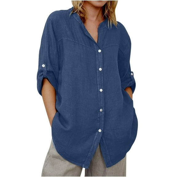 tklpehg Fall Clothes for Women 2025 Lapel Button Shirts Fall Clothes Comfortable Leisure Womens Clothes Solid Color 3/4 Sleeve Tops Going Out Tops Blouses Pullover Dark Blue XL