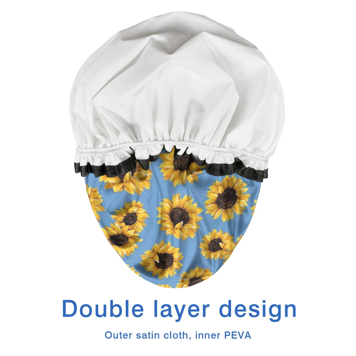 Shower Caps,Blue Sunflower Pattern Waterproof Shower Cap for Women 4 Pieces,Double Reusable Hair Cover for Shower PEVA Elastic Stretch Hem