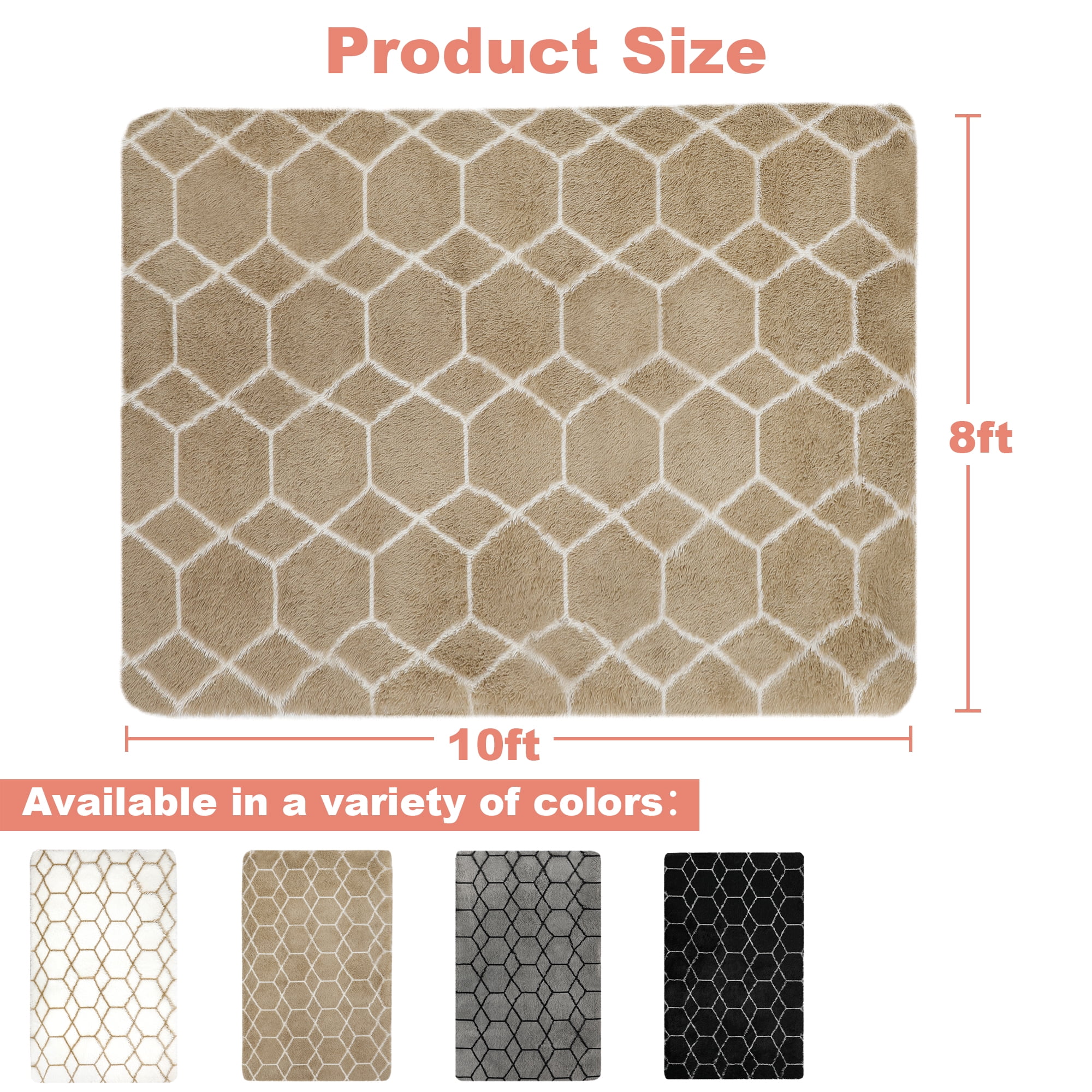 Nefoso Shag Geometric Area Rug, 8ft x 10ft Soft Fluffy Area Rugs for Living Room Bedroom Decor Carpet, Camel & White