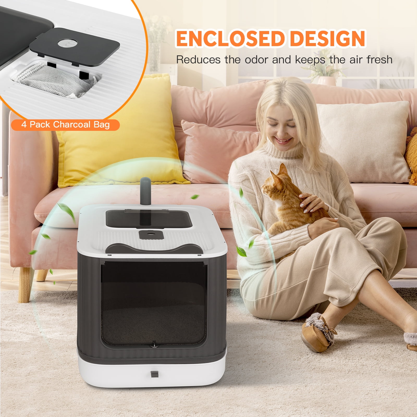 PHANCIR Enclosed Cat Litter Box with Lid, Easy to Clean with Includes Scoop & 4 Charcoal Deodorizer Bags