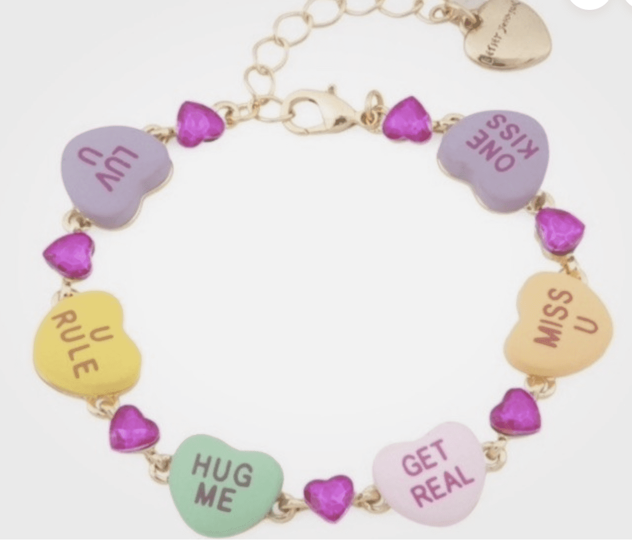 Betsey Johnson Bracelet Valentines Sweethearts Conversation Hearts Charms Pink