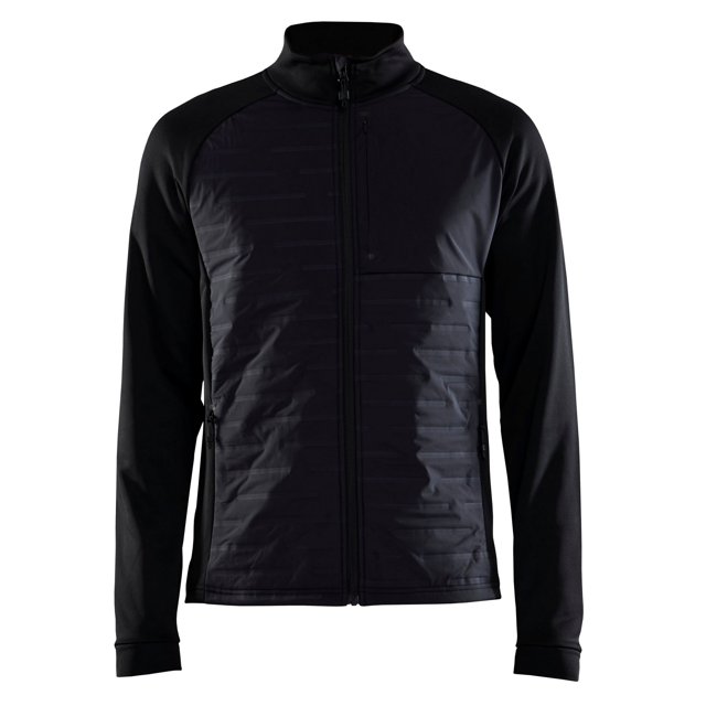 craft - chaqueta híbrida adv unify para hombre (negro) Chaqueta híbrida negra frontal con cierre de cremallera completo, panel frontal acolchado con costuras horizontales, mangas largas en contraste y cuello levantado; 2 bolsillos laterales con cremallera y bolsillo de pecho. Tejido elástico y resistente al viento, adecuada para uso urbano y actividades al aire libre.