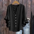 thumbnail image 2 of LangJing Women's Cotton Linen Blouse Ruffle 3/4 Sleeve Button Down Shirts Dressy Casual Loose Fit Summer V Neck Tunic Tops Black,S, 2 of 7