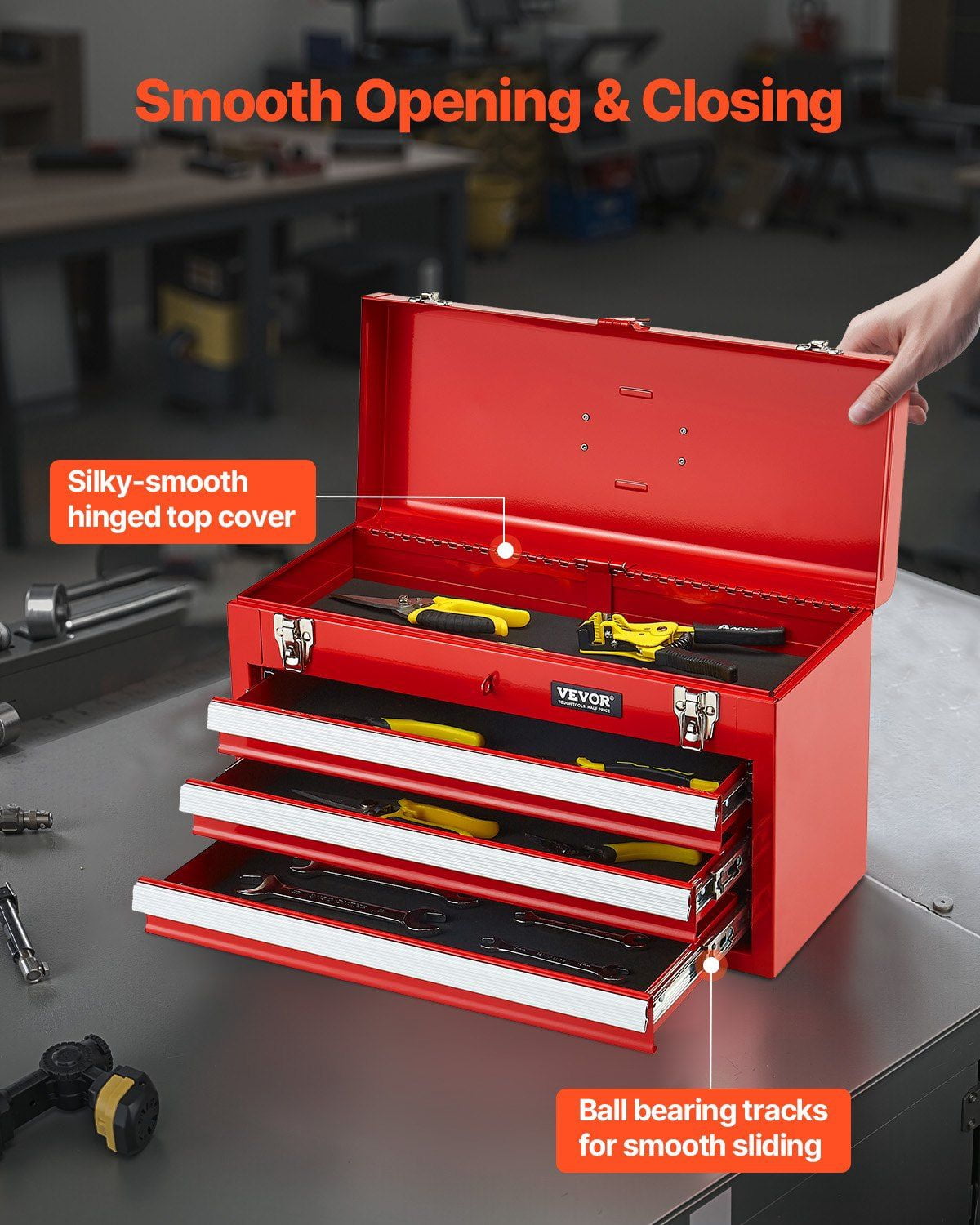 Tool Box 20.5-inch, 3-Drawer Portable Metal Tool Chest with Tray, Red