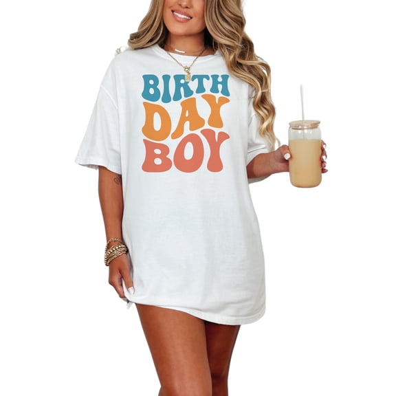Birth Day Boy, Birthday Themed, Groovy Retro Wavy Text, White Comfort Colors T-Shirt, Small