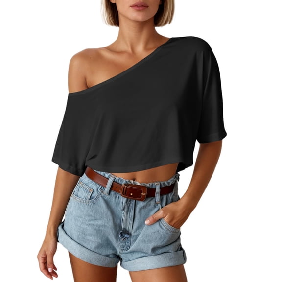 DHFJKG Womens Summer One Shoulder T Shirt Fashion Solid Color Cropped Tee Short Sleeve Cute Y2K Clothes Versatile Tops
