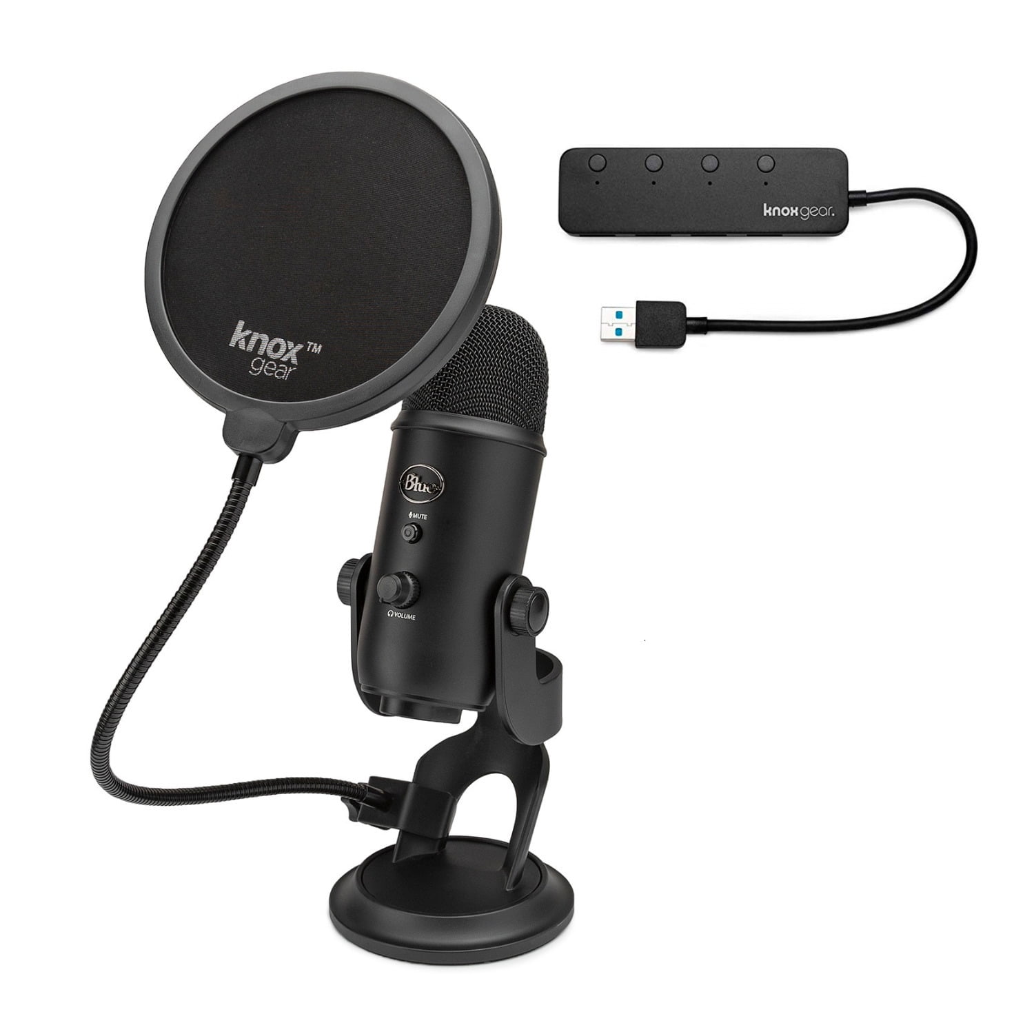 Blue Yeti Microphone (Blackout) with Knox Gear Pop Filter and 3.0 4 Port  USB Hub