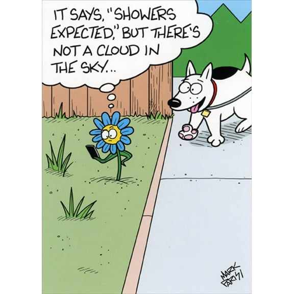 Oatmeal Studios Showers Expected Flower and Dog Funny / Humorous Birthday Card