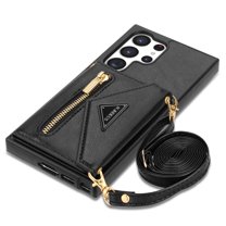 ELEHOLD Luxury Leather Wallet Case for Samsung Galaxy S23 Ultra,with Card Slots Zipper Pocket Kickstand Function Adjustable Crossbody Shoulder Strap Shockproof Purse Phone Case,Black