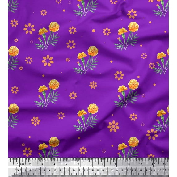 Soimoi Purple Moss Georgette Fabric Marigold Floral Printed Craft Fabric by the Yard 44 Inch Wide