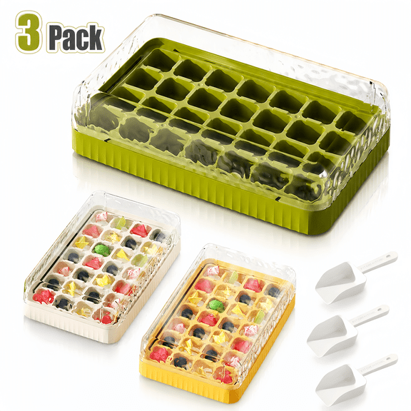 3 Pack Ice Cube Tray,Easy-Release 84-Cube Ice Trays with Lid and Bin & Ice Scoop,BPA Free,Multicolor
