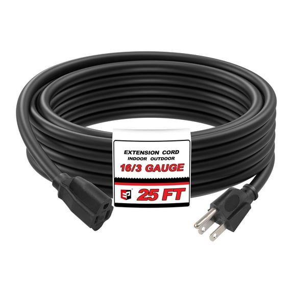 EP 25 Ft 16/3 SJTW Black Outdoor/Indoor Extension Cord, Durable Electrical Cable