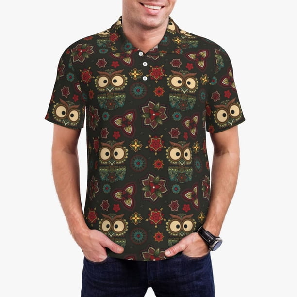 Balery Boho Owl Camisa Polo de Hombre con Estampado, de Manga Corta y Tejido Medio, Camisa Tipo Golf Polo-X-Large