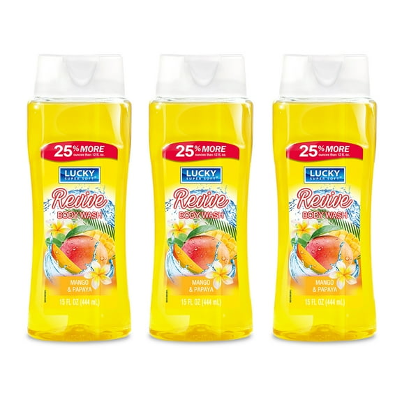 Lucky Super Soft Revive Body Wash. Soothes, Softens and Moisturizes Your Skin. Mango and Papaya Fragrance. 15 fl.oz / 444 ml. Pack of 3