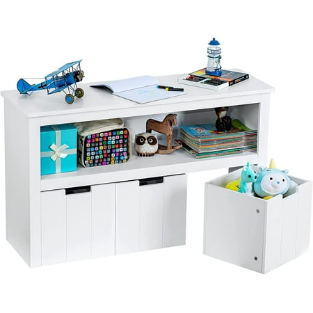 

LINSHUI Kids Toy Storage Organizer for Kids Room Organizers and Storage - 3 Drawers with Hidden Wheels Multifunctional Wooden Kids Bookcases Cabinets & Shelves for Playroom Storage White