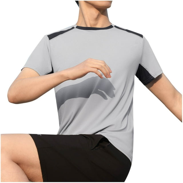 Blusa Casual de Color Sólido de los Hombres, Manga Corta Deportiva Elástica Cuello Redondo para el Gimnasio Y el Uso Al Aire Libre, Camiseta Elástica