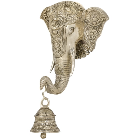 15 Inch Embellished Ganesha Mask with Bell Brass - Handmade Wall Decoration