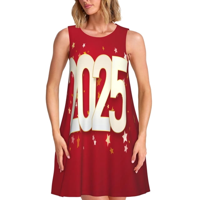 Daiia Robes Imprimées Bonne Année 2025 pour Femmes Robes Tendance à Manches Courtes Robes Maxi Décontractées Amples et Fluides