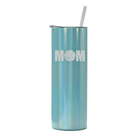

20 oz Skinny Tall Tumbler Stainless Steel Vacuum Insulated Travel Mug Cup With Straw MOM Basketball (Light Blue Iridescent Glitter)