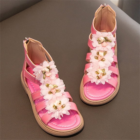 BUWTTER Sandals for Girls Kids Summer Flowers High Top Roman Zipper Little Child Big Kids Open Toe Hollow Out Breathable Pink Sandals Size 4-4.5 Y