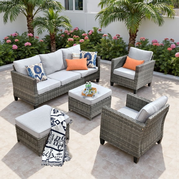 ODELIO 5-Piece All-Weather Wicker Patio Furniture Set, PE Rattan Outdoor Conversation Set with 3-Seat Sofa, 2 Armchairs & 2 Ottomans for Backyard, Porch & Deck, Light Gray Cushions