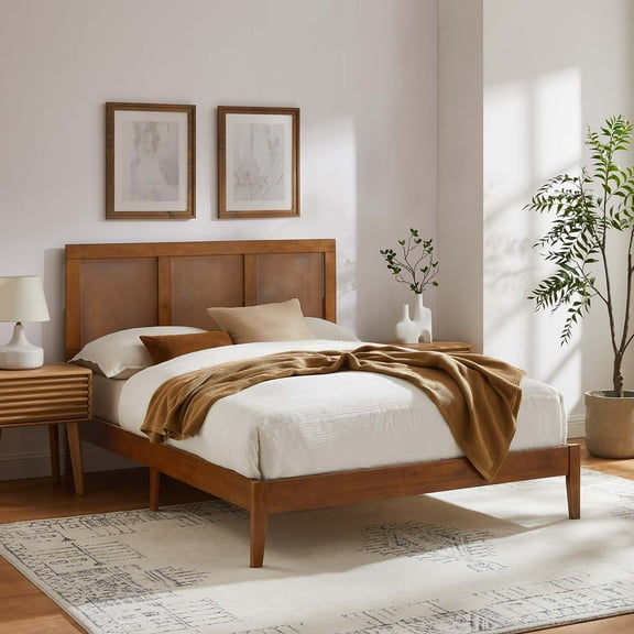 Modway Sirocco Rattan and Wood Full Platform Bed in Walnut