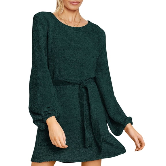 Women's Crew Neck Lantern Sleeve Self Tie Waist Chenille Sweater Dress Green M