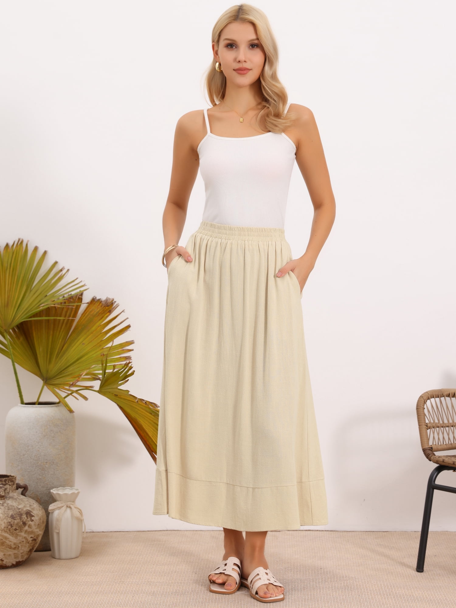DARING DIVA Women's  A Line Flowy Maxi Skirt Large Apricot