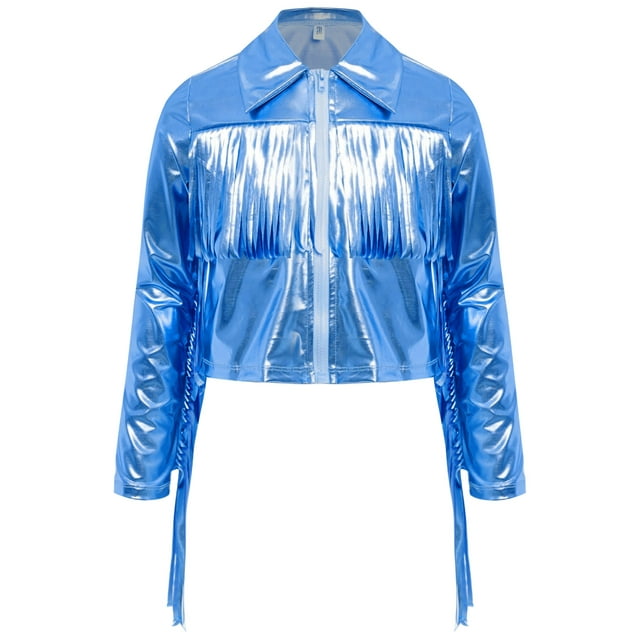 Manyakai Veste Bomber à Franges Métalliques pour Filles, Blazer à Fermeture Éclair Brillant, Costume de Performance de Fête Musicale Bleu 16