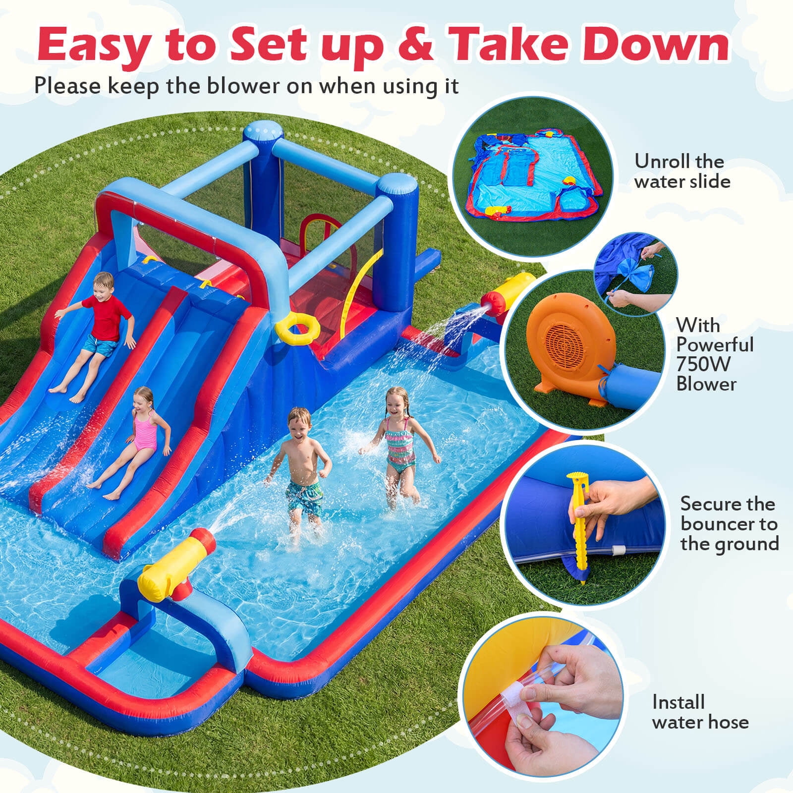 Costway Inflatable Water Slide Park Kids Bounce House Splash Pool with 750W Blower