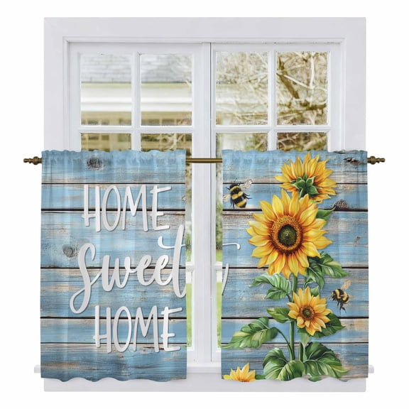 Spring Sunflower Tier Curtains, Bee Wooden Grain Country Rustic Light Filtering Kitchen Curtains, 2Pcs Rod Pocket Half Window Treatments Panels for Sink Cafe Cabinet Basement 27.5x45 Inches