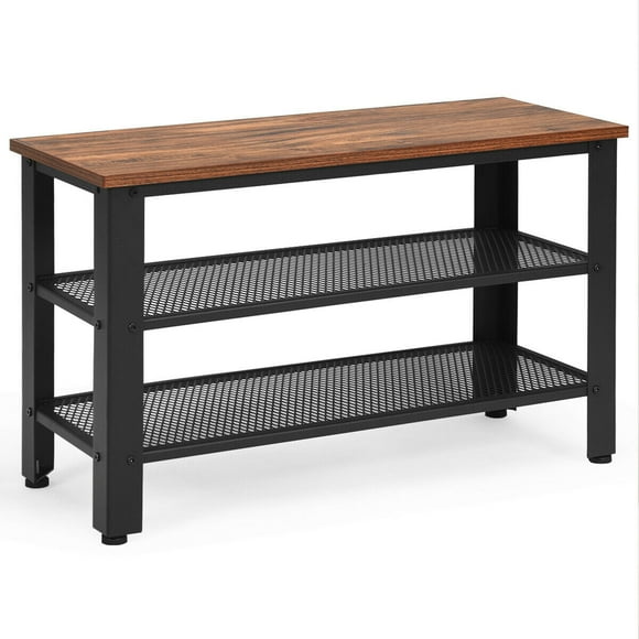 Gymax 3-Tier Shoe Rack Industrial Shoe Bench with Storage Shelves for LivingRoom Brown