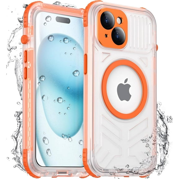 2024 New for iPhone 15 Case Waterproof, [Compatible with MagSafe][Built-in Camera & Screen Protector][Full Body Shockproof][IP68 Waterproof][Dustproof] Phone Case for iPhone 15 6.1" Orange