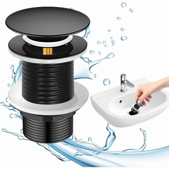 Universal Pop-Up Sink Drain Plug, Black Pop-Up Drain Without Overflow, Compatible with Most Sinks, 1 Piece