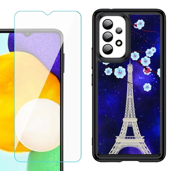 Shockproof Bumper (Black Frame) phone Case for Samsung Galaxy A23 5G, with Tempered Glass Screen Protector, by OneToughShield ® - Eiffel Tower Stars