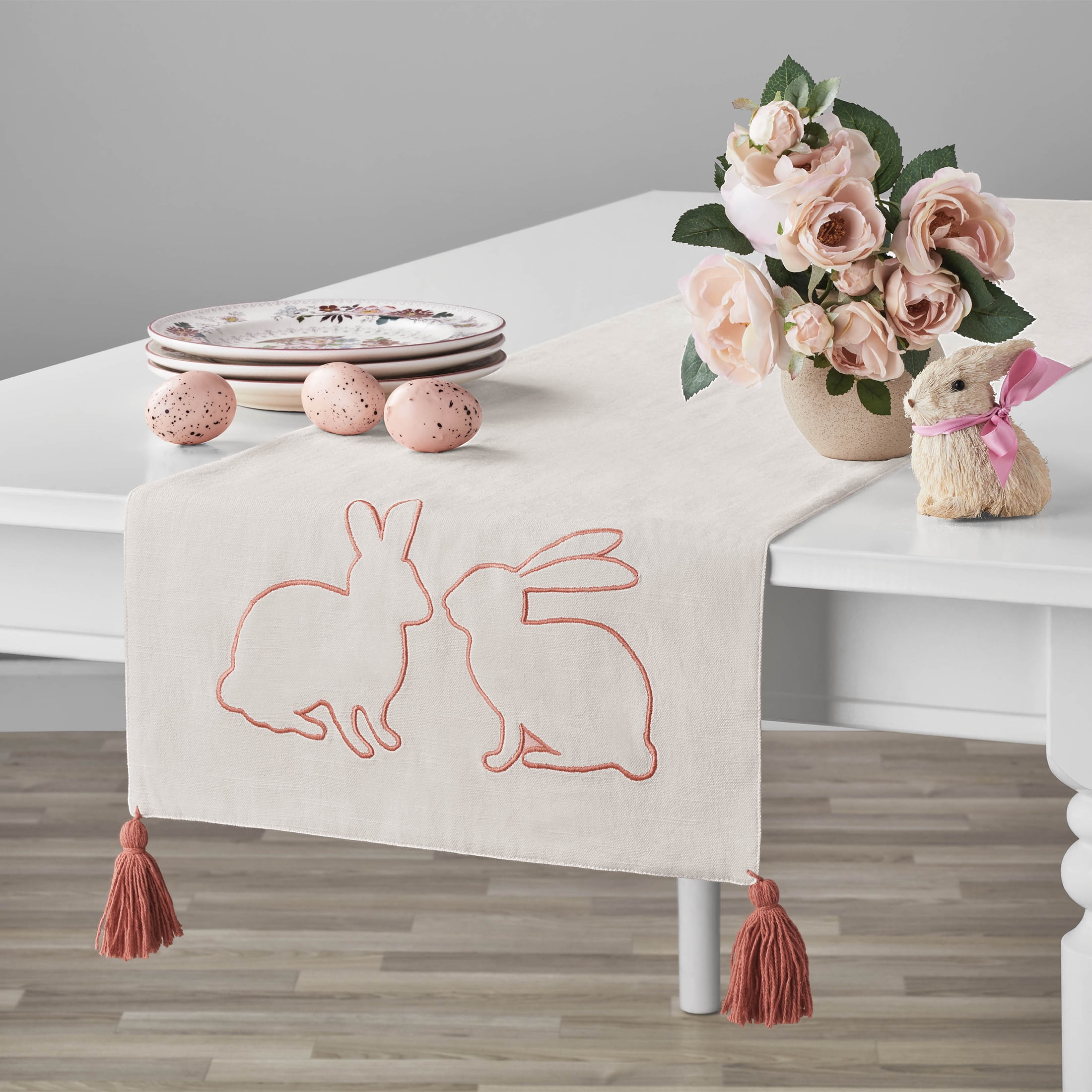 Way to Celebrate Bunny Cotton 14" x 72" Table Runner, White/Pink