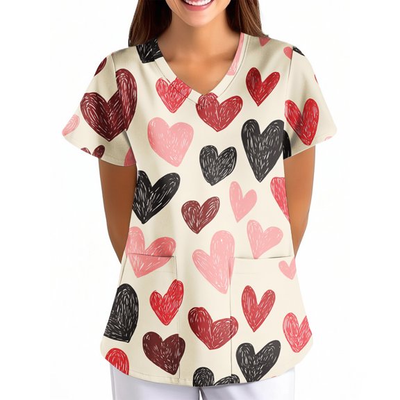 Valentine's Day Scrub Tops for Women Love Heart Printed Plus Size Scrubs Short Sleeve V-Neck Working Uniform Valentine's Day Cartoon Pattern Scrub Tops with Pockets