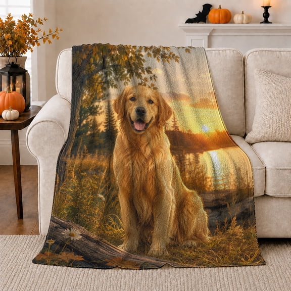 Golden Autumn Serenity Labrador, Peaceful Pet Portrait Pattern, Warm Flannel Blanket for Cabin and Lodge with Detailed Artwork, Dog Lovers Thanksgiving Gift, Pet Lover Home Decor