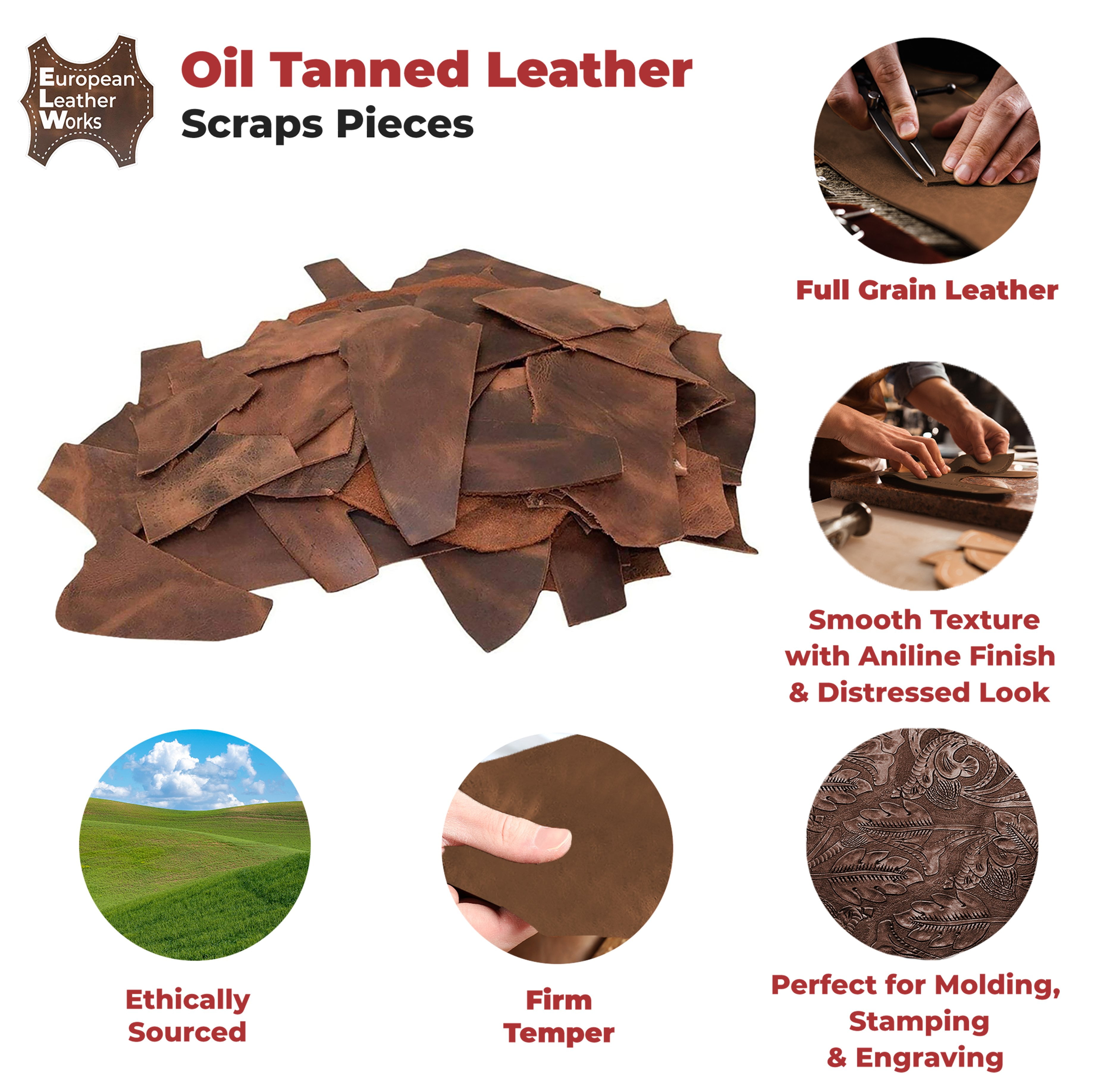 European Leather Work 9-10 oz. (3.6-4mm) Oil-Tanned Leather Scraps