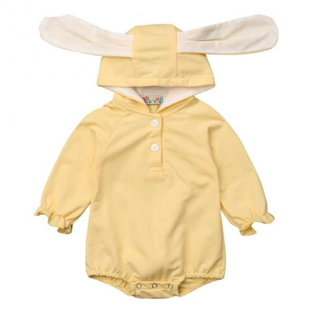 Easter Onesie - Baby Girls Long Sleeve Rabbit Bunny Ear Hoodie Bodysuit Jumpsuit Easter Costume Yellow 6-9M